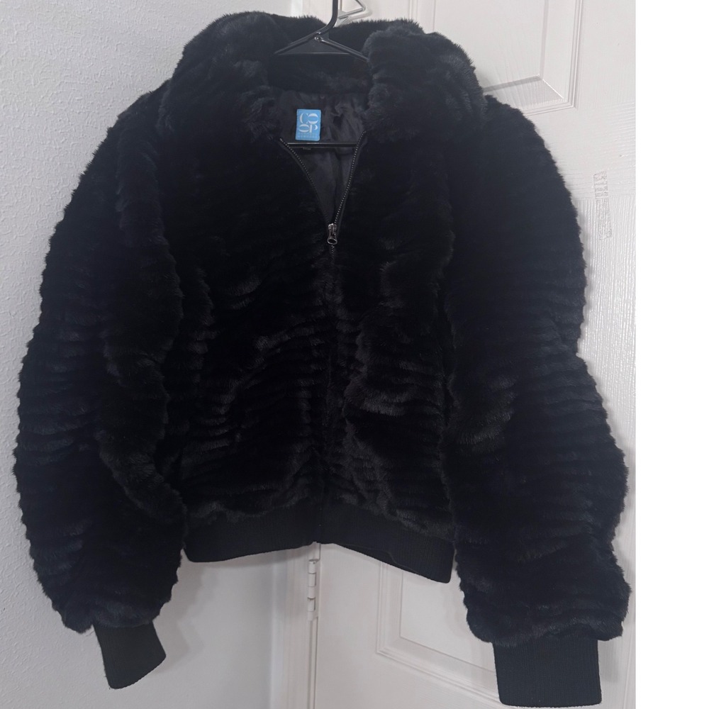 Co-Op Barneys New York Faux Fur Bomber Jacket Black Ribbed Zip Large Glam Chic